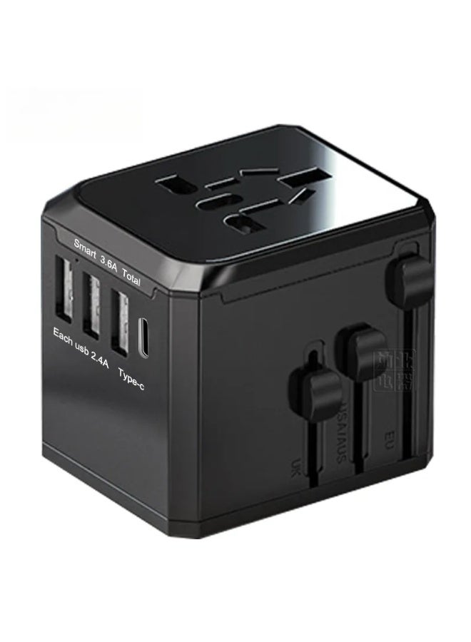 2.4A  3 USB & 1 TYPEC Universal International Power Travel Plug Adapter (Multi‑function)，AC Outlet for Europe USA UK AUS Asia Black - Image 1